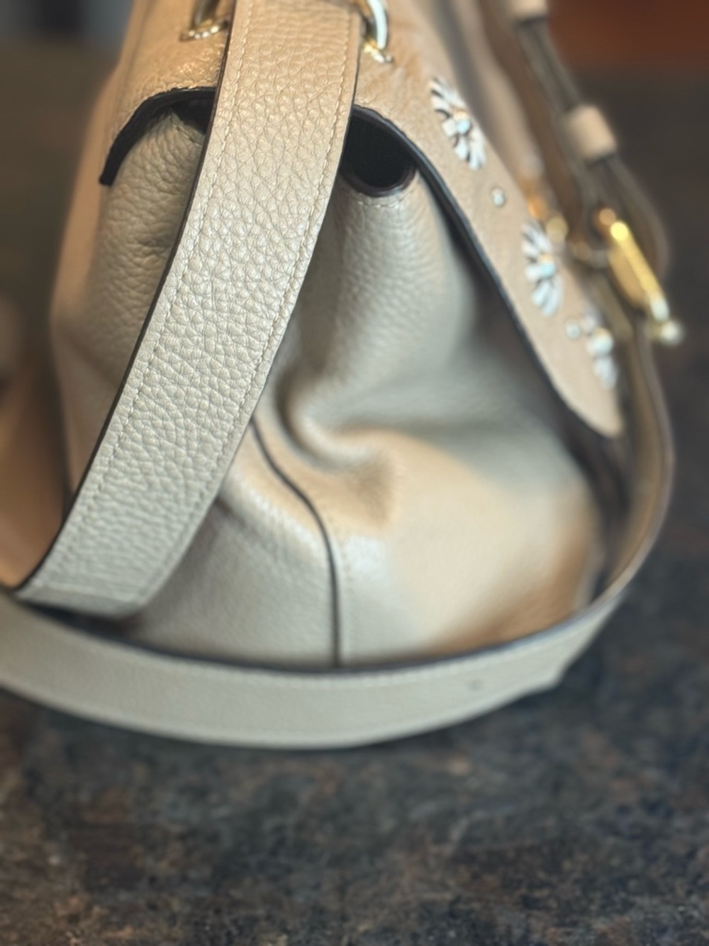 Coach Beige Pebbled Leather Crossbody with Floral Studs - Picture 5 of 15